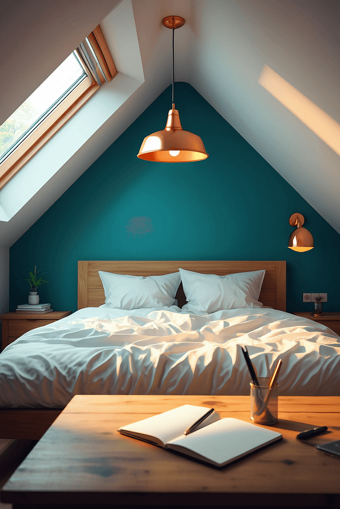 Teal Slanted Wall Retreat Bedroom