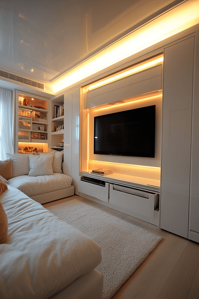 White Built-in with Integrated Lighting TV Wall Idea