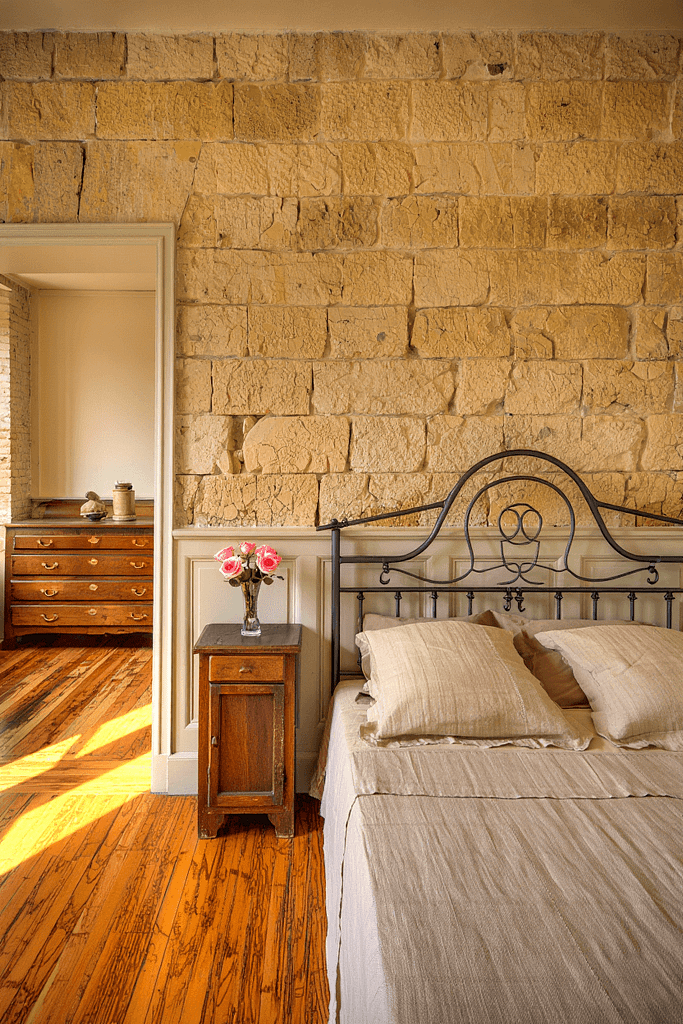 Rustic Stone Wall French Country Bedroom