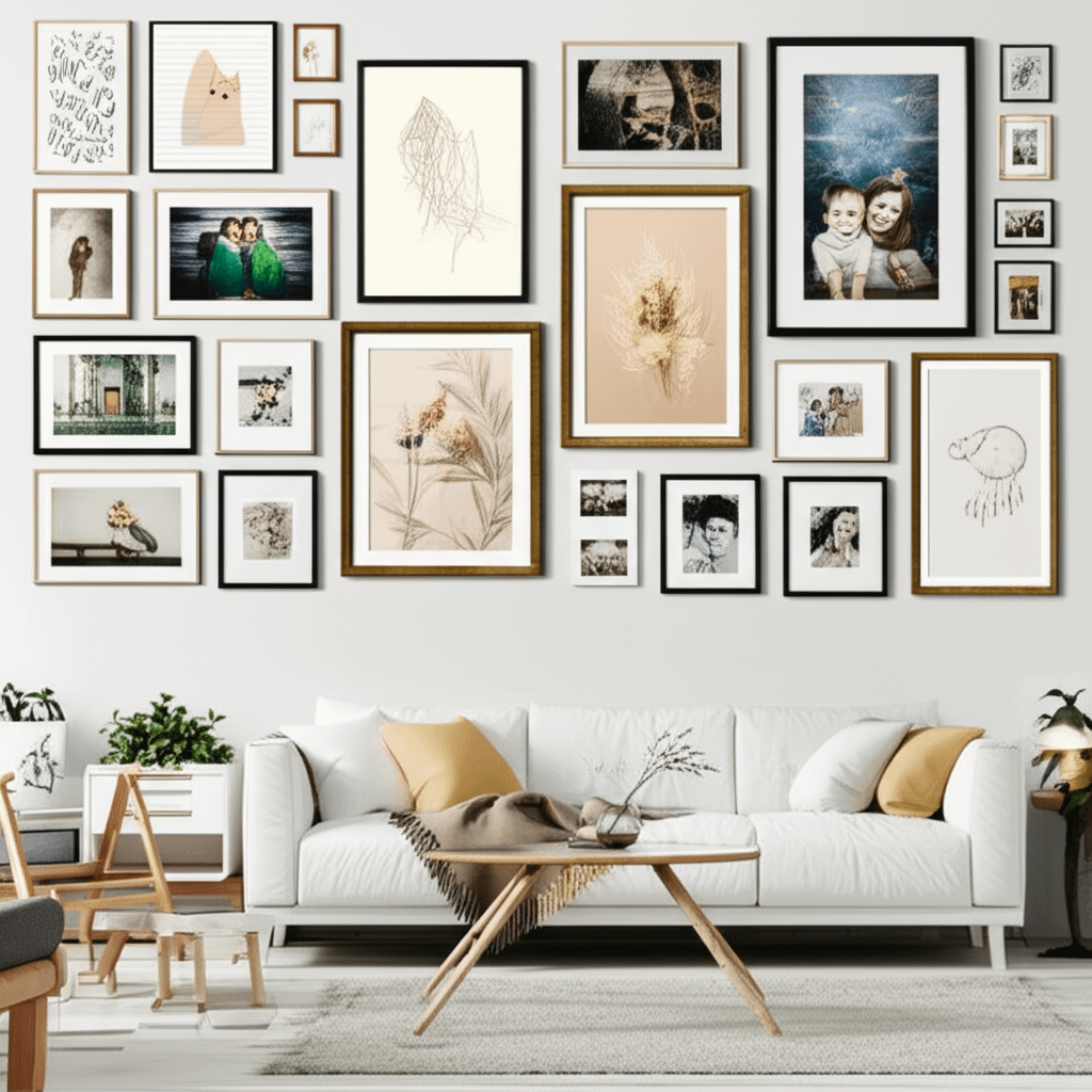 A cozy living room featuring a curated gallery wall with diverse art prints and family photos, showcasing creative Living Room Wall Decor.